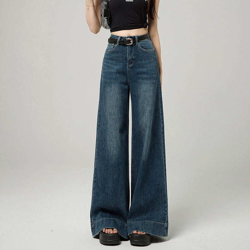 Vintage Blue High Waist Wide Leg Cotton Pants Narrow Version