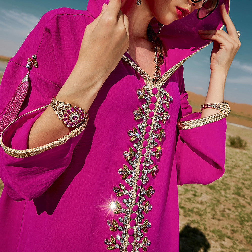 Women's Rose Red Hooded Moroccan Style Dress with V-Neck and A-Line Skirt