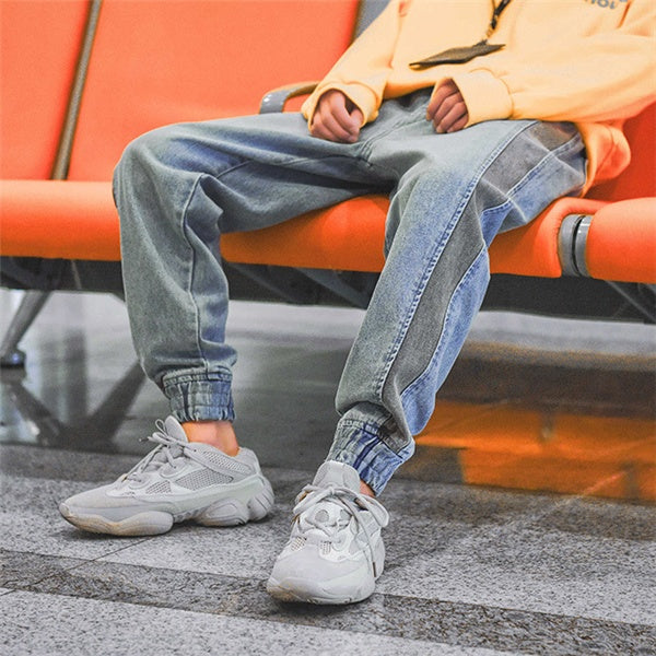 Jean crayon en coton bleu à empiècements M-2XL