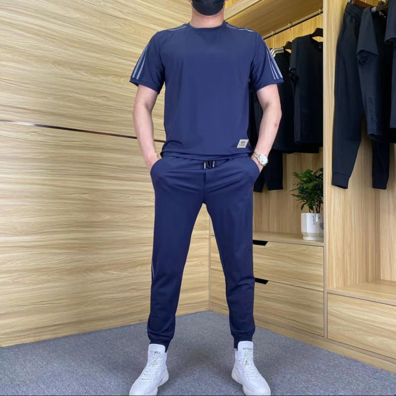 Men's Loose High-Elastic Ice Silk Leisure Suit in Blue, Black, Gray