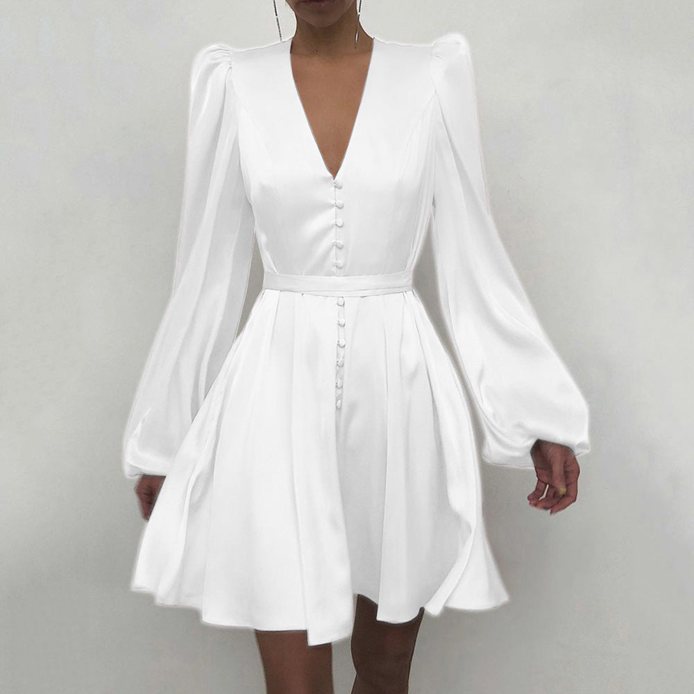 Spring Satin Satin V Neck Temperament Slim Dress