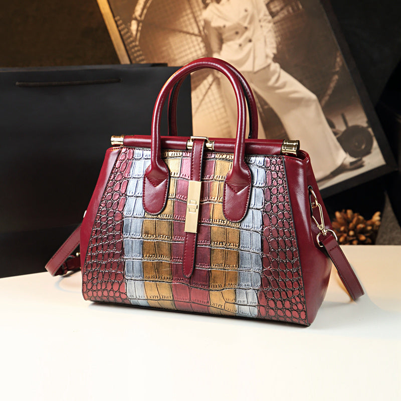 Vintage Cowhide Hand Shoulder Bag with Crocodile Pattern Crossbody