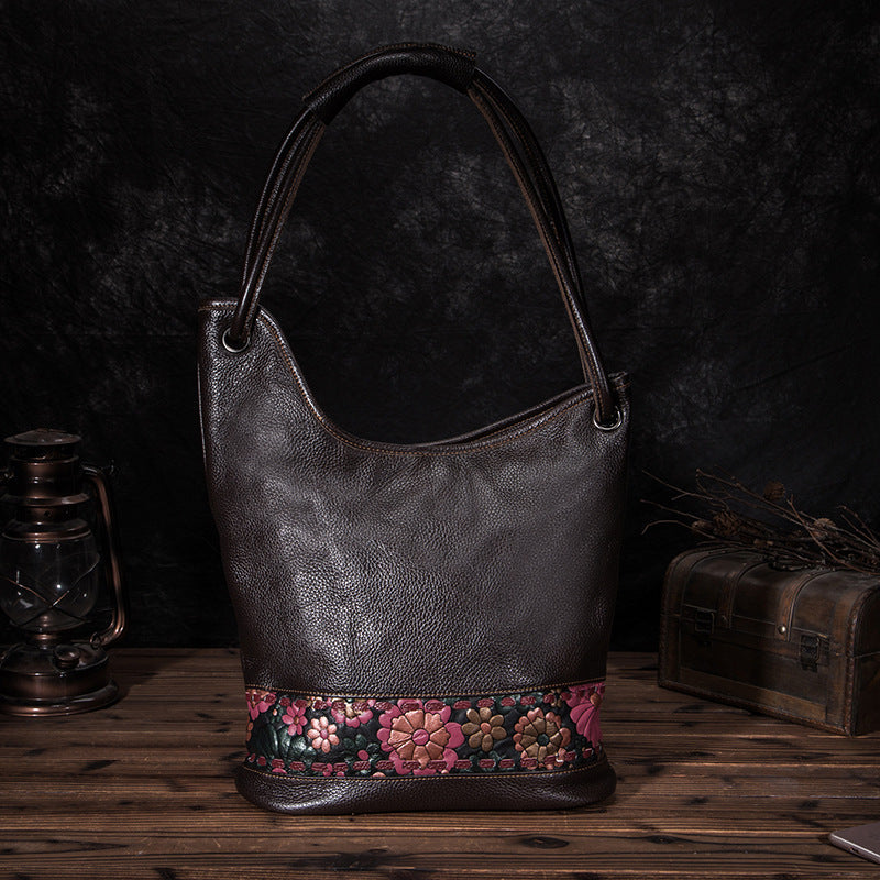 Sac à bandoulière en cuir de vachette grande capacité pour femme, noir et café