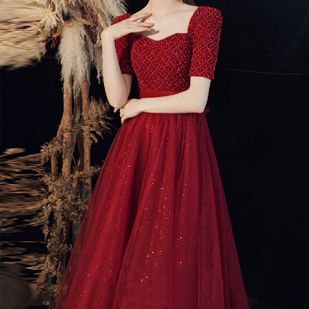 Women's Fashion Wedding Dress Bandage Pearl Detail Wine Red XS-XXL