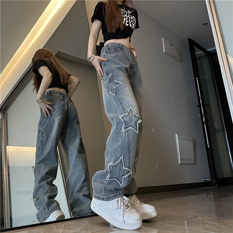 Blue Embroidered High-Waist Loose Straight-Leg Jeans for Women