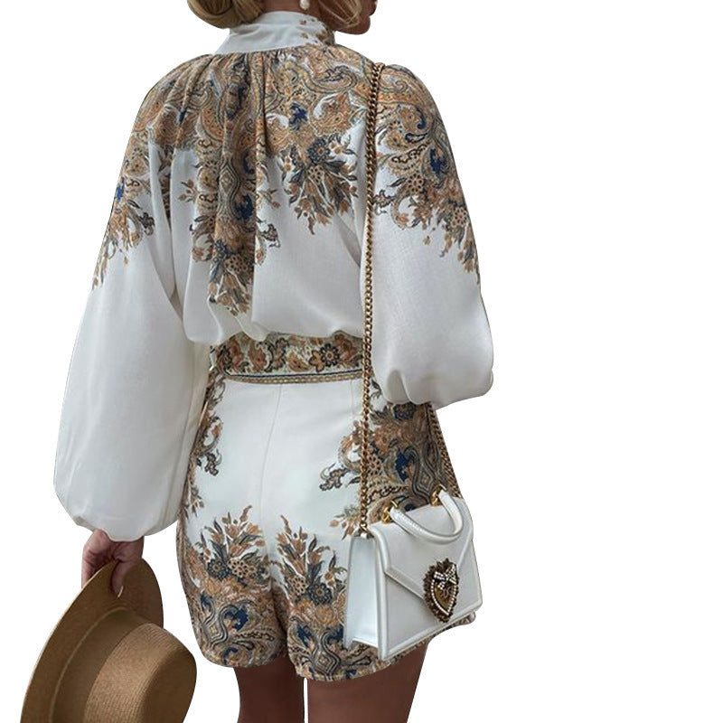 Women's Printed Long-Sleeve Top & Shorts Set