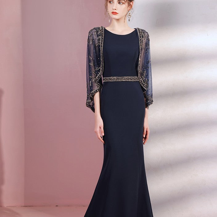 Robe longue Banquet Celebrity Gas Field Queen avec châle sirène, bleu-vert, polyester