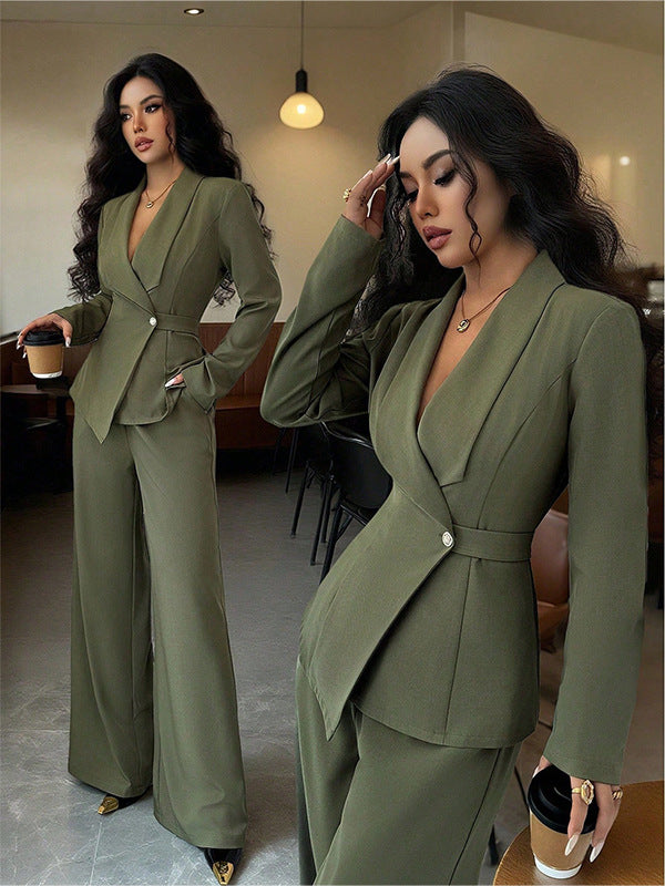 Women's Long-Sleeve Suit Jacket with Straight-Leg Pants Set