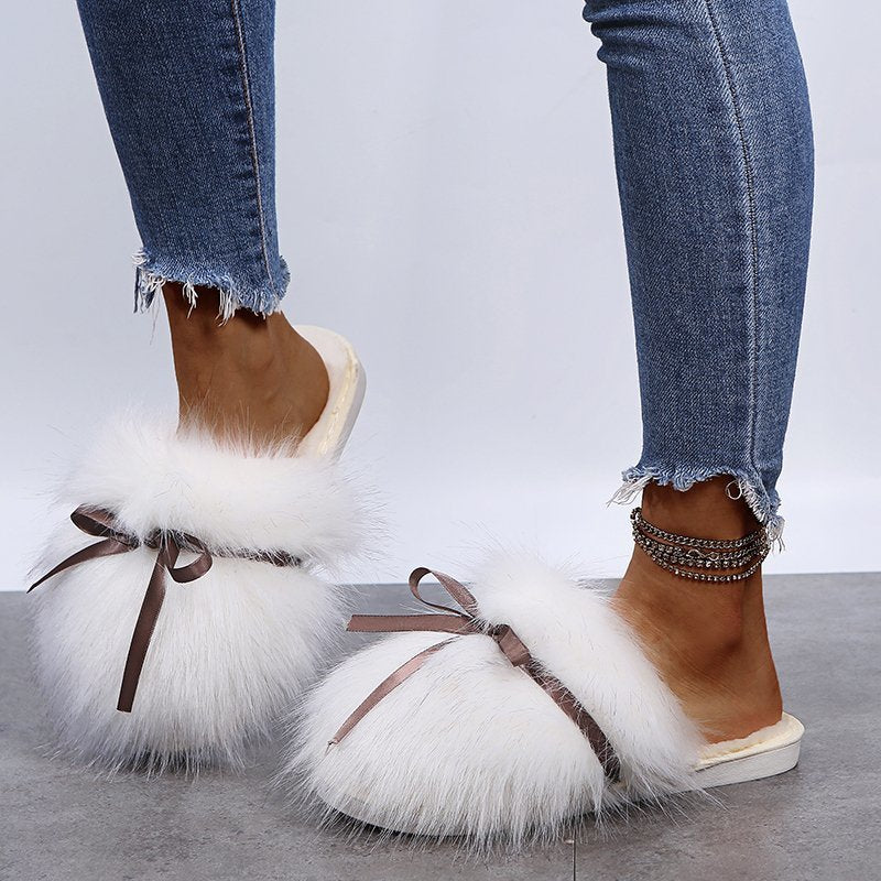 Bowknot Cotton Plush Half Shoes with Rubber Sole for Outdoor Wear