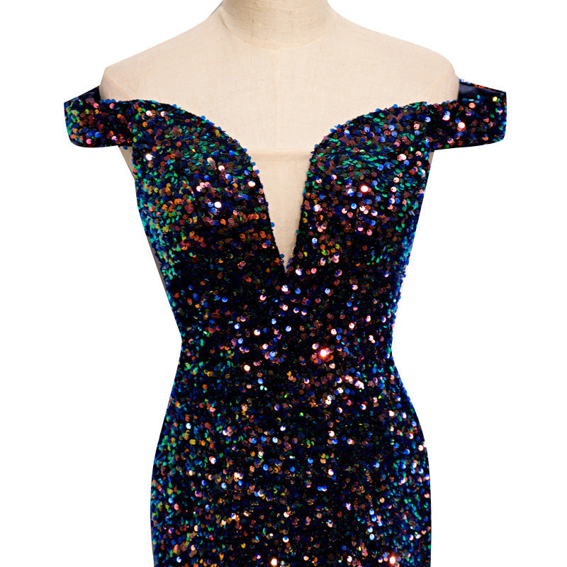Navy Banquet Long Fishtail Sequined Dress with Trailing Skirt