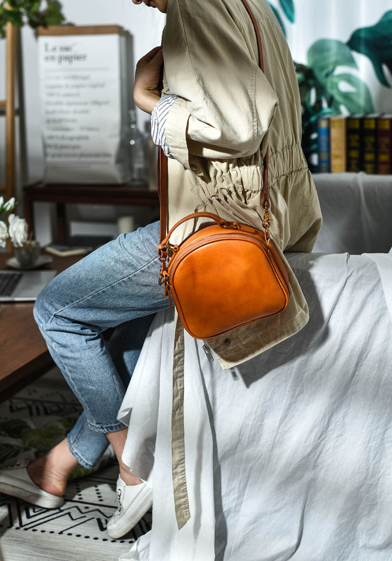 Japanese-style Retro Original Design Double Zipper Handmade Genuine Leather Skeleton-skin Crossbody Bag