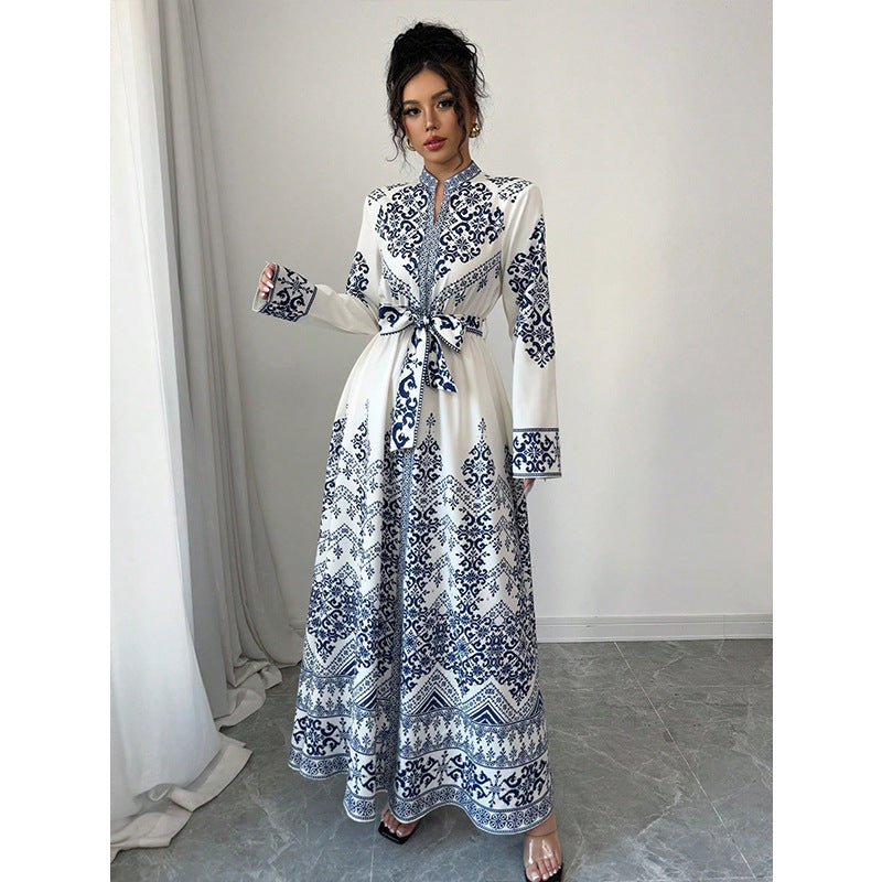 Vintage Blue Floral Women's Dress High Waist Short Sleeve