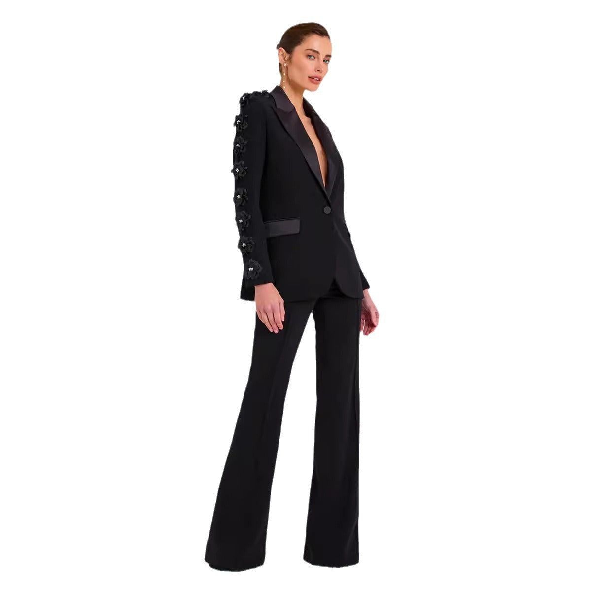 Élégante robe-tailleur deux pièces à manches longues et motifs floraux pour femme, en polyester noir