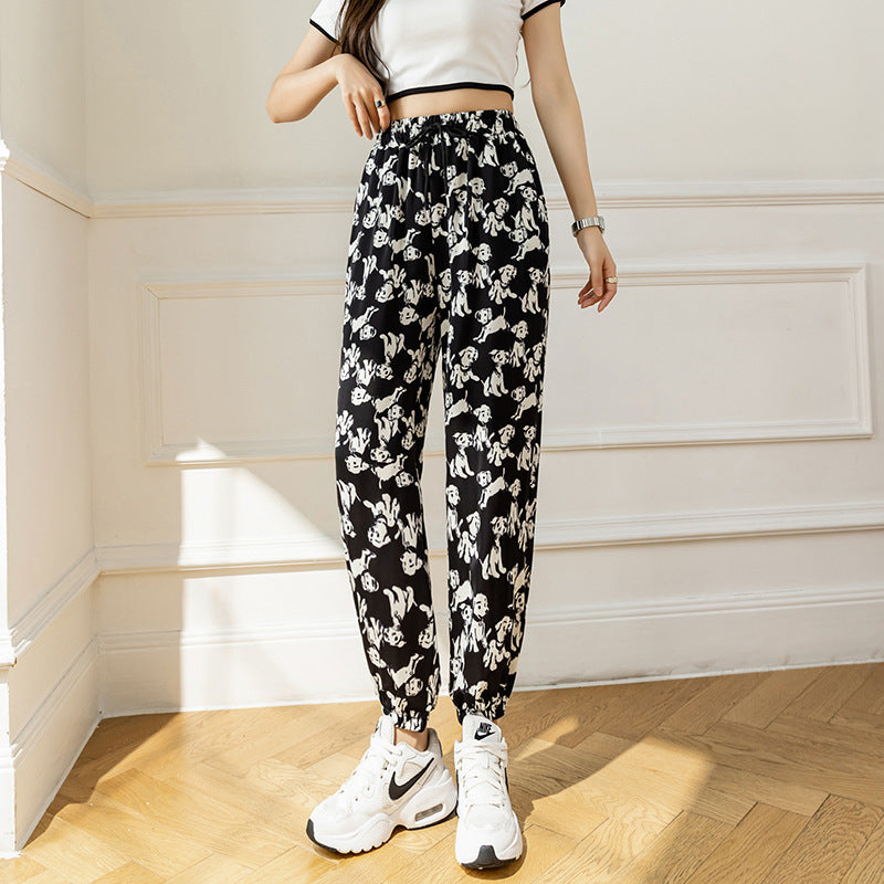 Pantalon de jogging taille haute en soie glacée, motif peinture à l'encre tie-dye