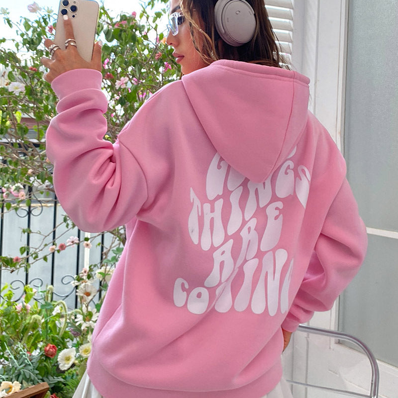 Sweat à capuche brossé avec imprimé lettre et poche kangourou