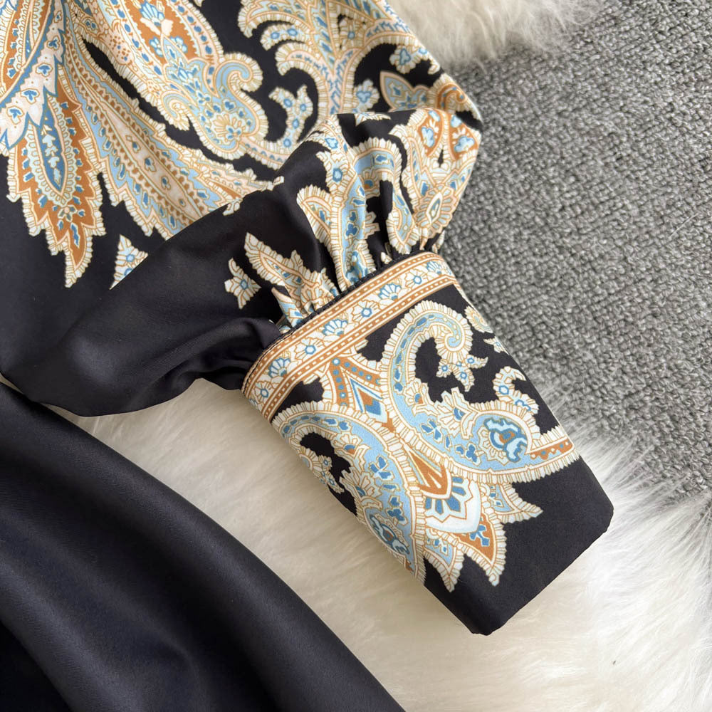 Retro Paisley French Waist Dress for Ramadan Nights in Black, Blue, Khaki