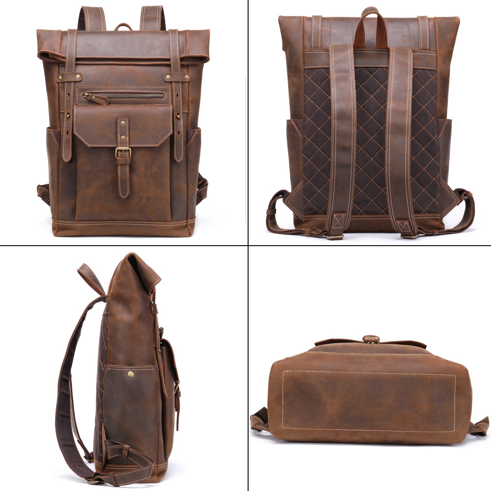 Retro Crazy Horse Leather Men's Backpack Large Coffee