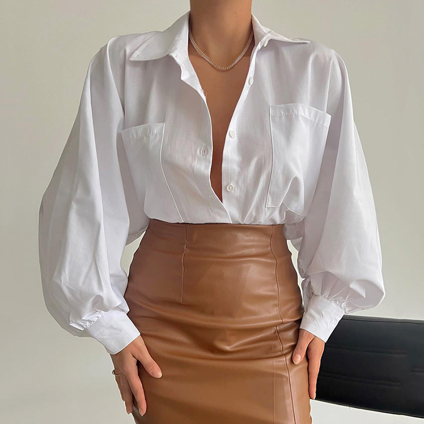 Women's Casual Polo Collar Batwing Sleeve Shirt with Pocket