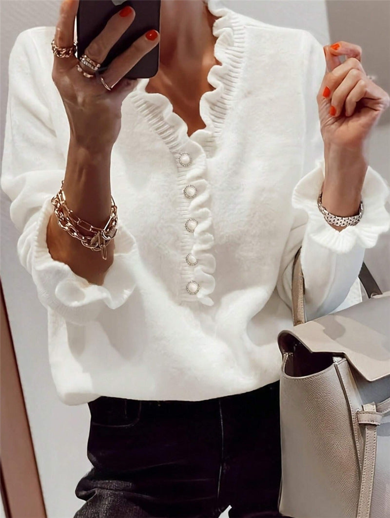 Women’s Winter V-Neck Ruffled Knitted Pullover Sweater Long Sleeve