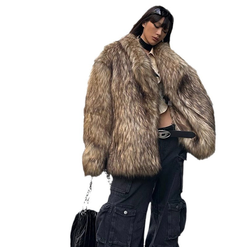 Women's Fur Coat Raccoon Fur Coat Brown Lapel Warm Furry Coat European And American Leisure