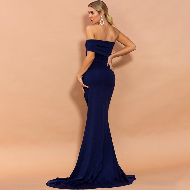 One-Shoulder Green Polyester Slim Fit Evening Party Dress