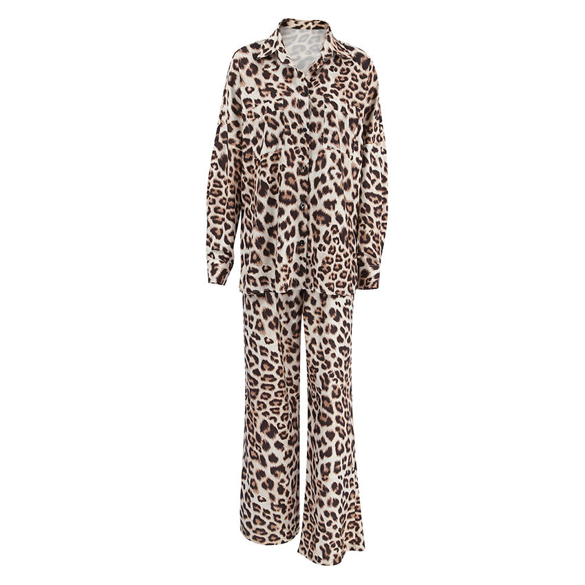 Leopard Print Two-Piece Pajama Set Soft Comfortable Long Sleeve