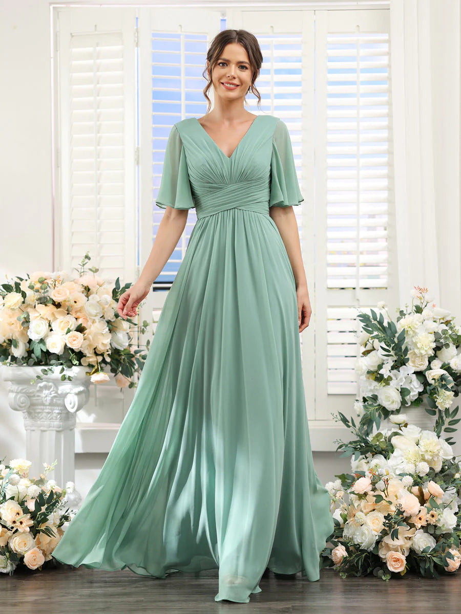 Robe de soirée longue en mousseline de soie à col en V et manches papillon