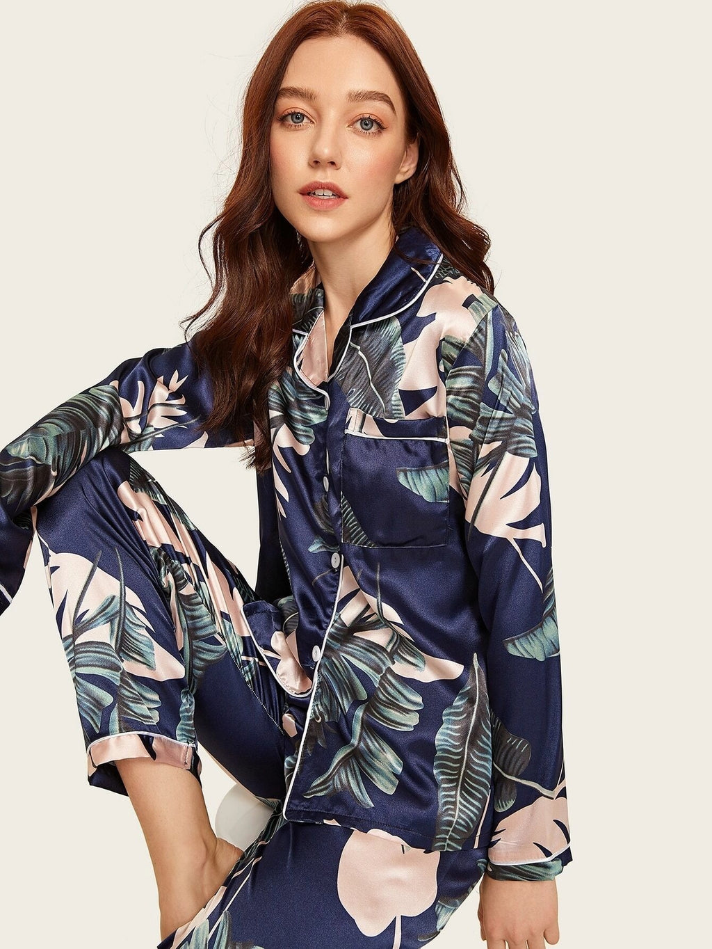 Two-Piece Stretch Satin Pajama Set for Women