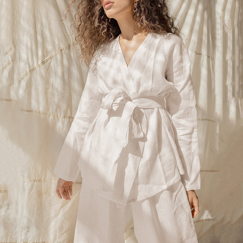 Cotton Linen Women’s Lace-Up Long Sleeve Pajama Set