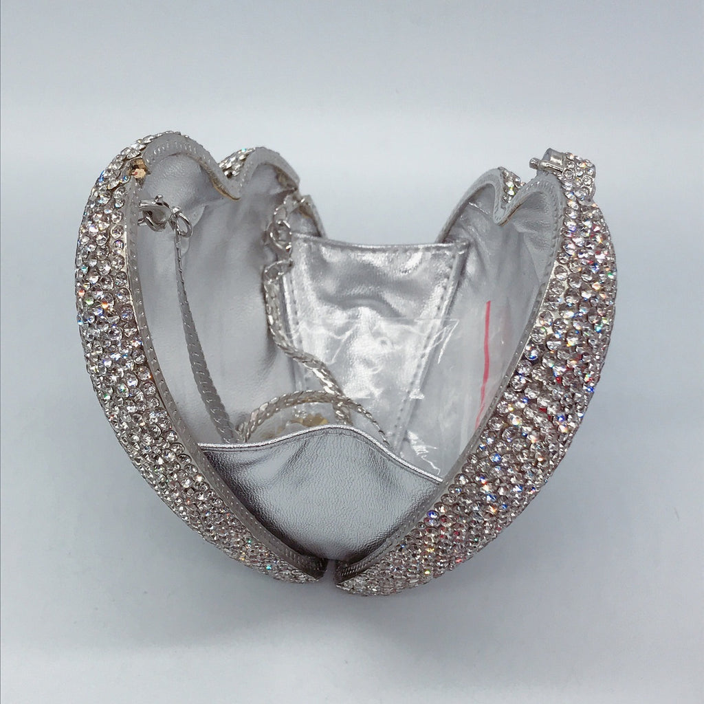 Sac de Soirée Diamant Cœur avec Anse à Main, Sac à Bandoulière Rigide en Métal 14x12x5", Rouge Noir Rose Or Argent