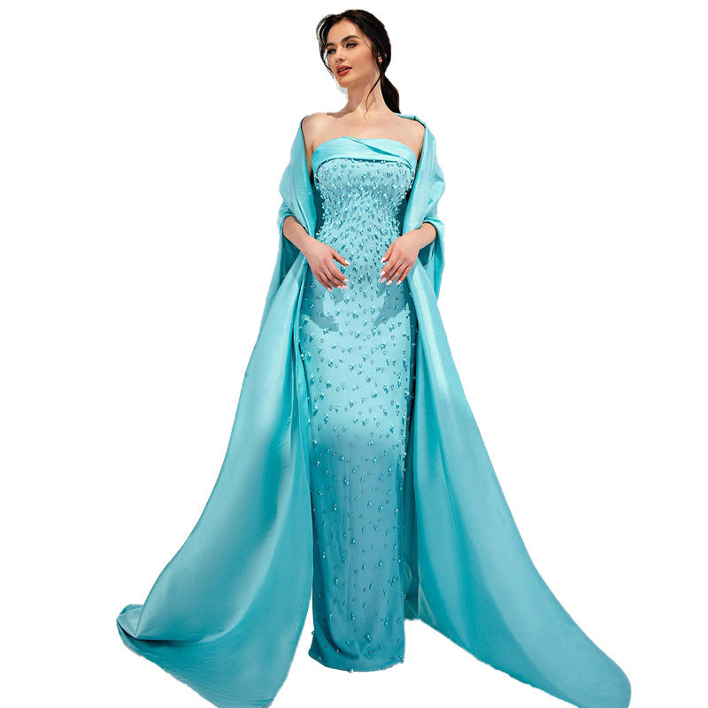 Robe de soirée à châle pailleté bleu pour femme