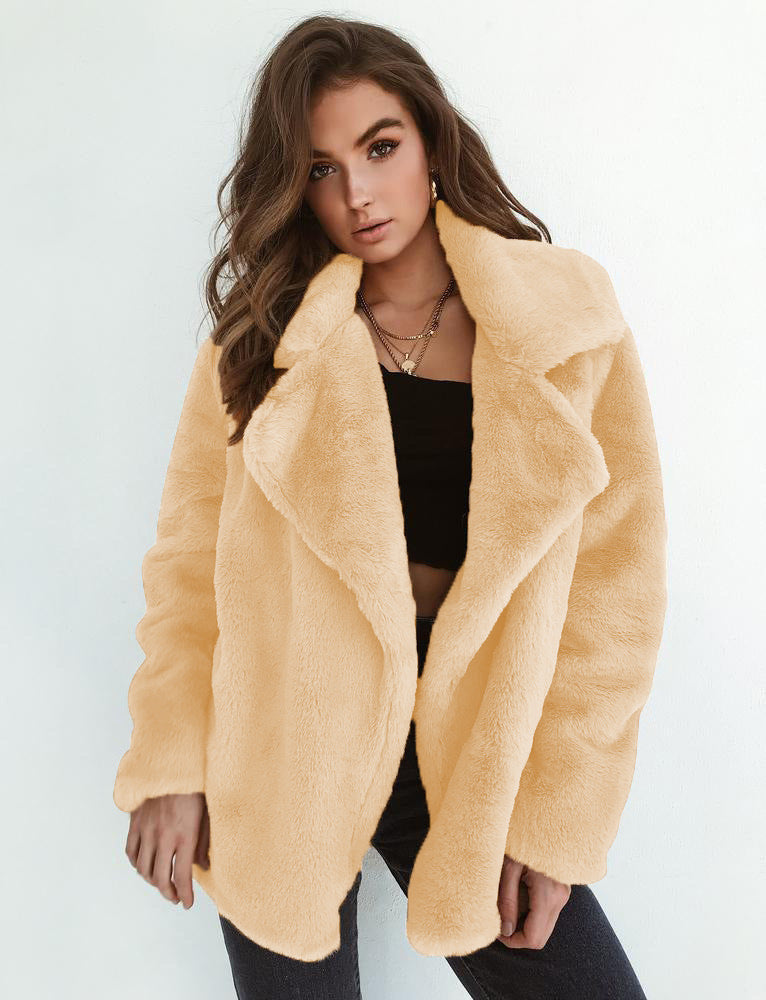 Plush Lapel Woolen Coat for Women - Casual Loose Fit