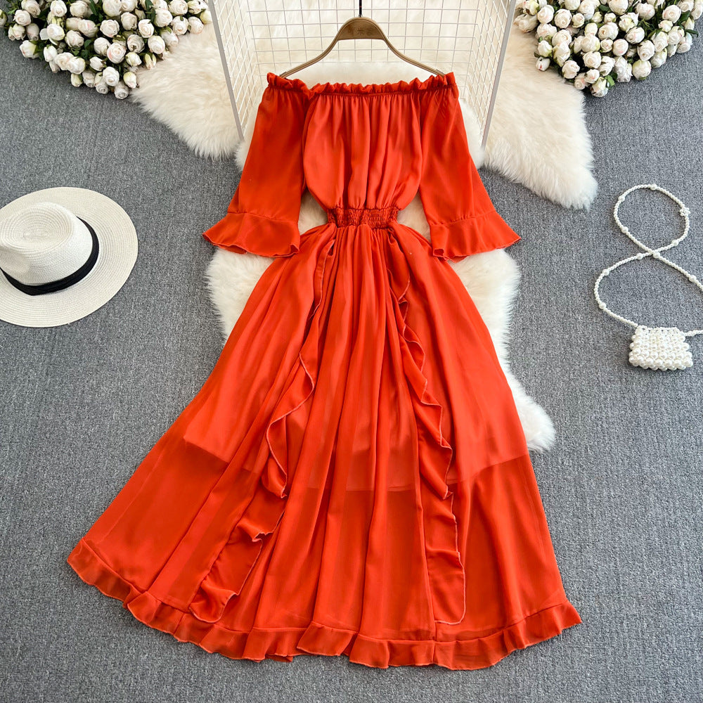 Off-the-shoulder Ruffled Chiffon Dress