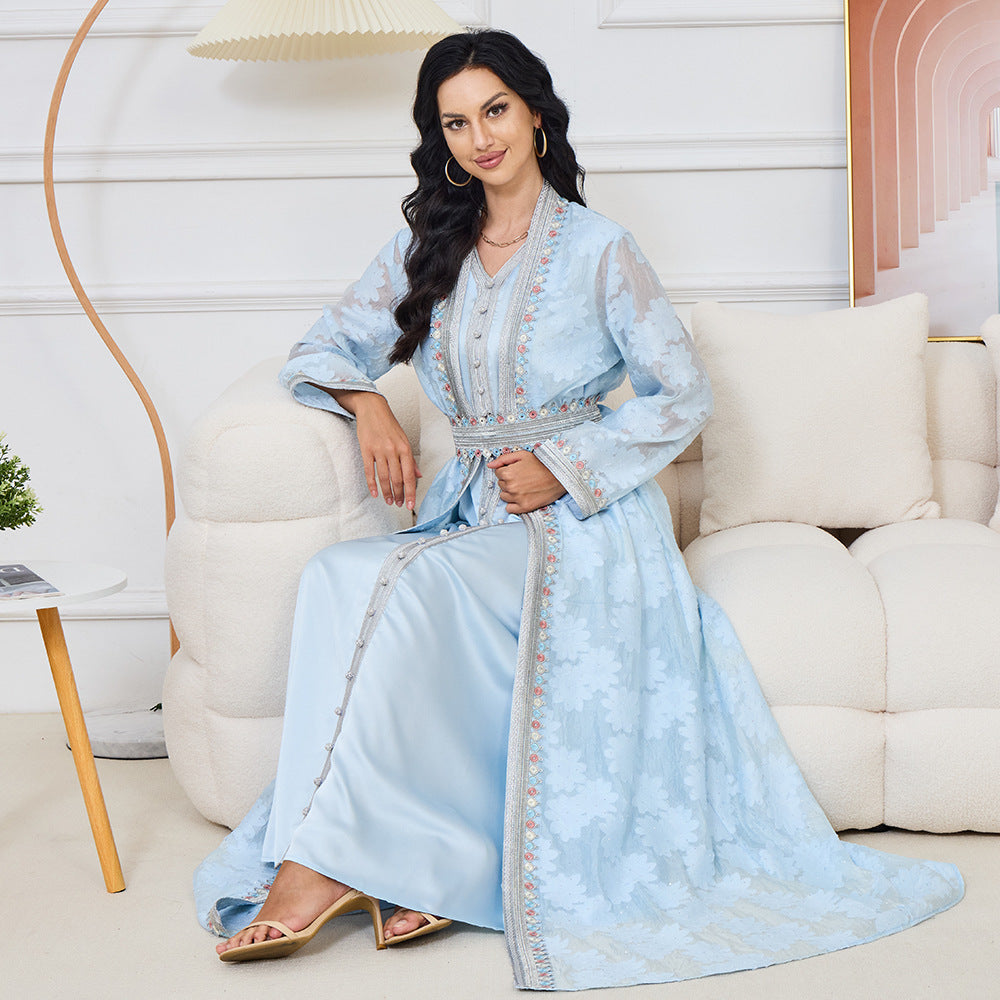 Middle East Women's Elegant Muslim Dress with Ruffles and Embroidery