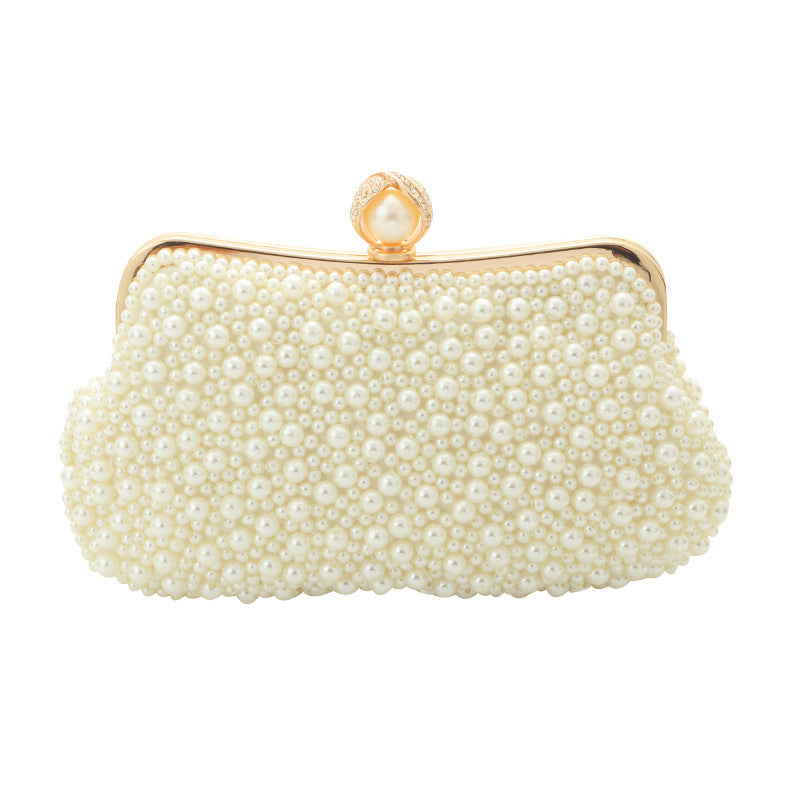 Sac de Soirée Coque Broderie Perle Femme 23x13x3CM Beige & Blanc