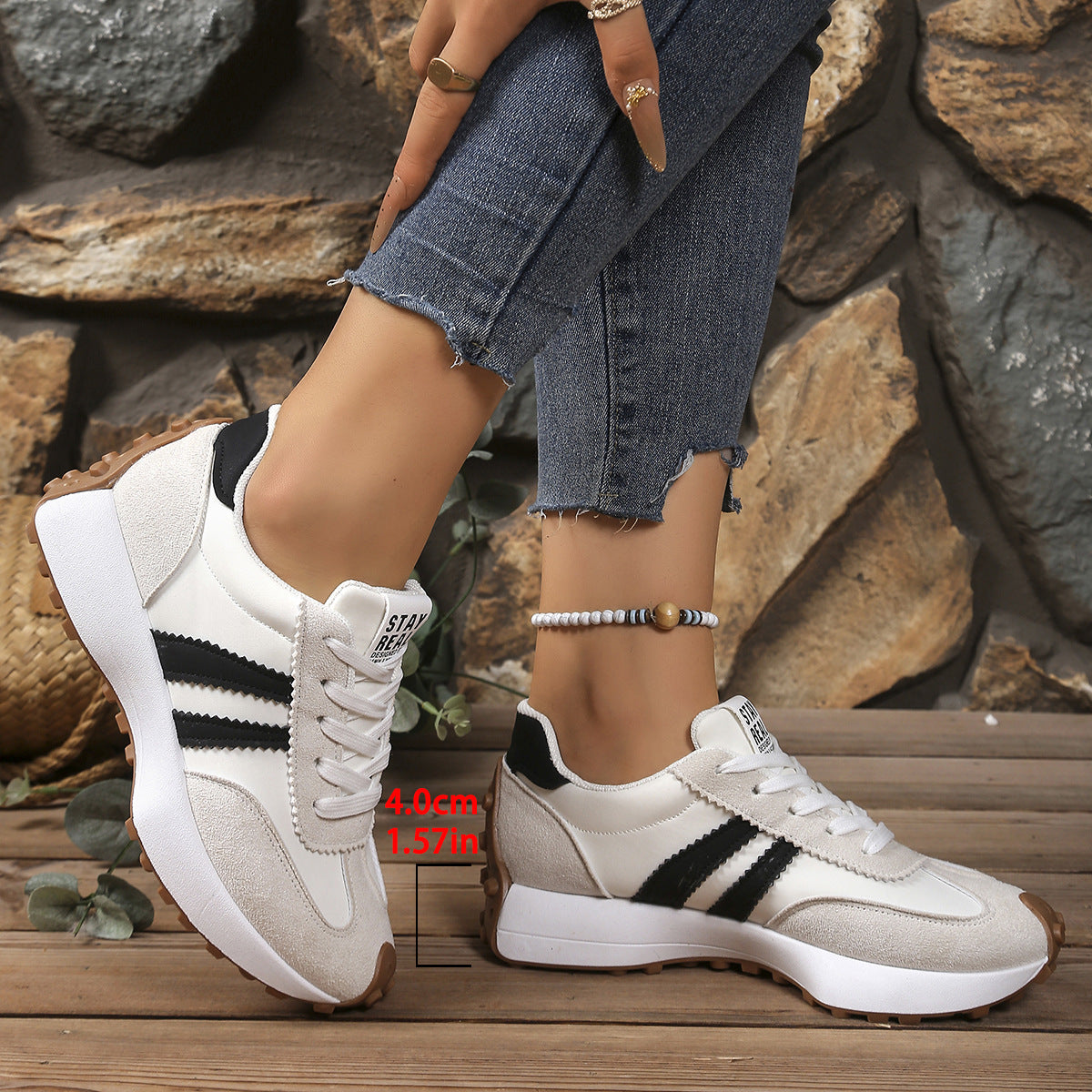 Women's Stripe Lace-Up Sneakers Breathable Thick Bottom Casual Sports Shoes