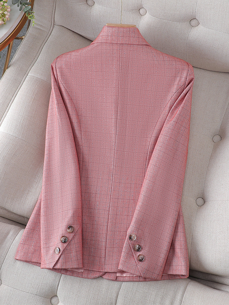 Women's Pink Checked Suit Jacket Small Polyester Blend
