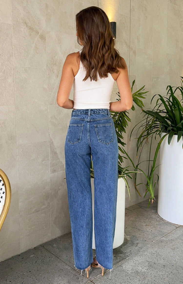 Oblique Waist Blue Denim Straight-Leg Beaded Frayed Hem Jeans