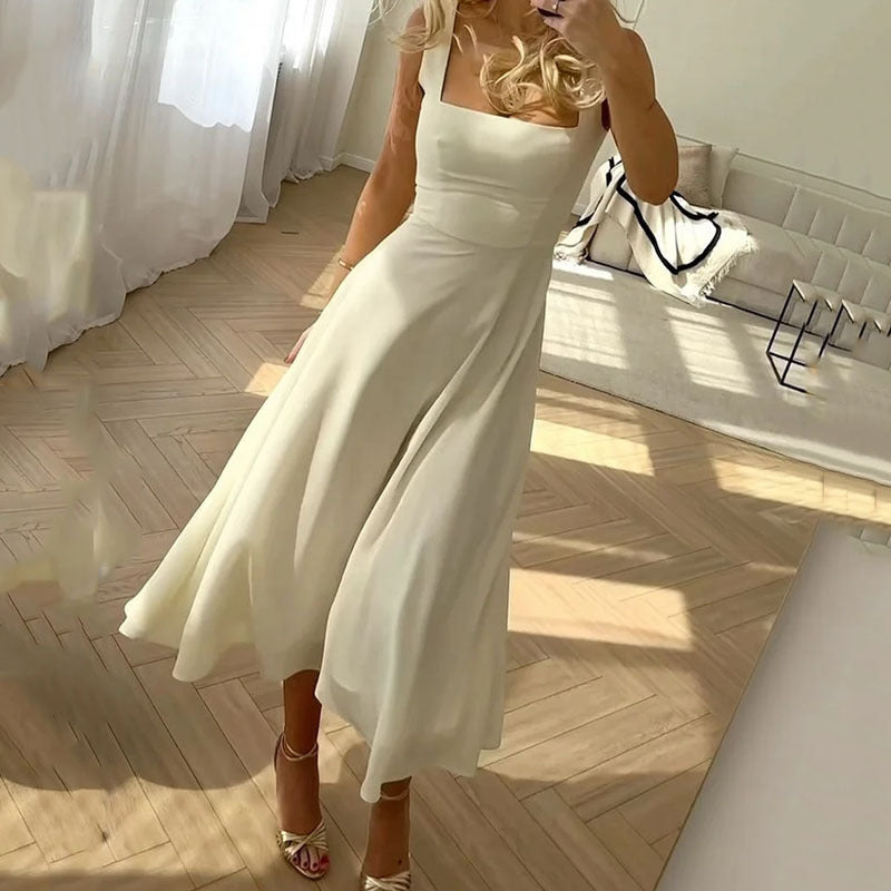 European And American Women's Clothing - Summer Fashion Elegant Sleeveless Sling Solid Color Dress