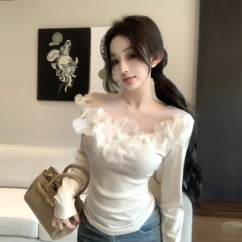 T-shirt femme en dentelle florale, coupe slim, manches longues