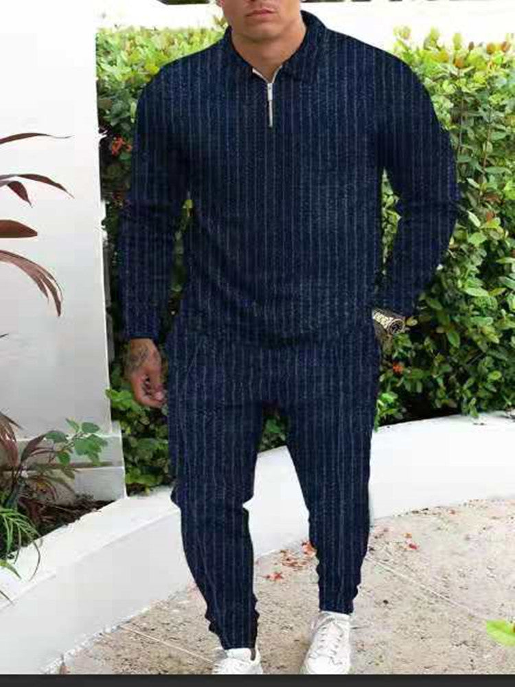 Slim Trendy Casual Striped Men's Suit with Trousers and Long Sleeve Top