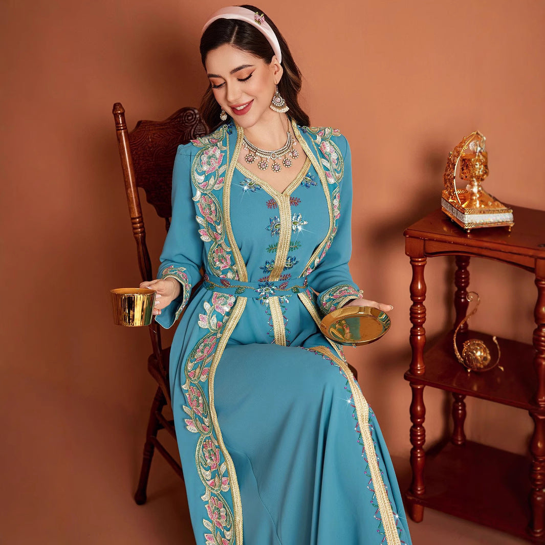 Peacock Blue Lace V-Neck Embroidered Two-Piece Style Belted Dress