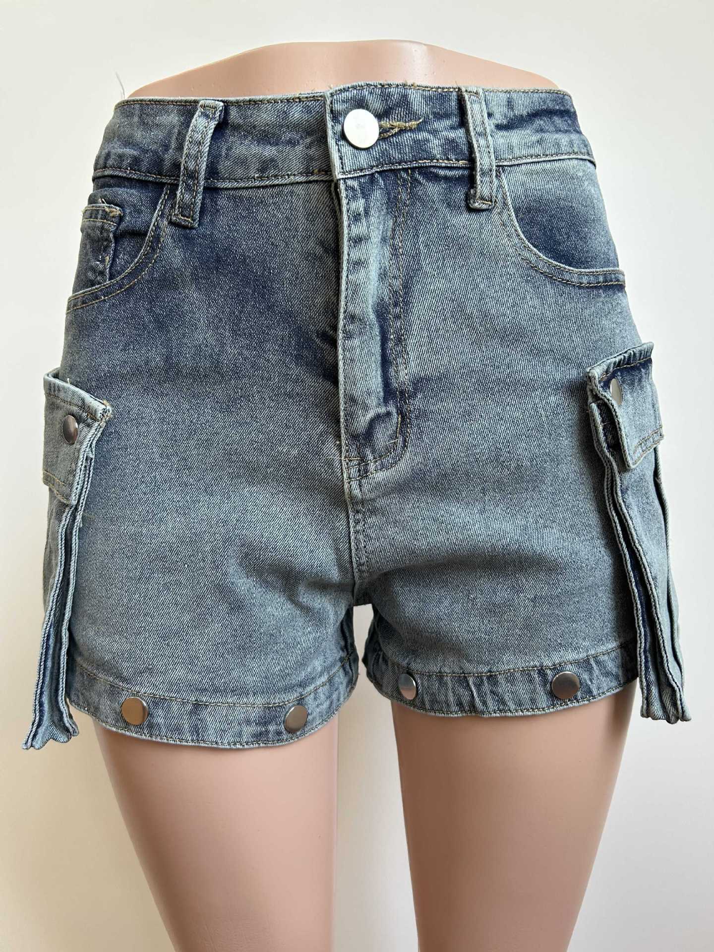 Women's Light Blue Stretch Denim Detachable Hanging Bag Shorts Trousers