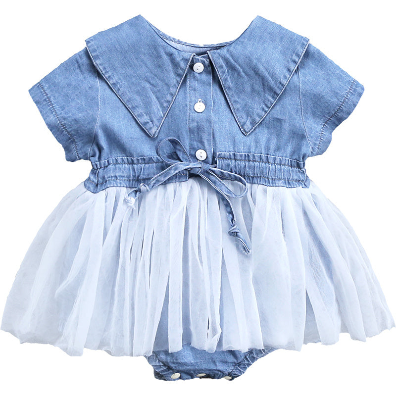 Barboteuse Bébé Fille en Jean de Coton Bleu Clair, Manches Courtes, Été