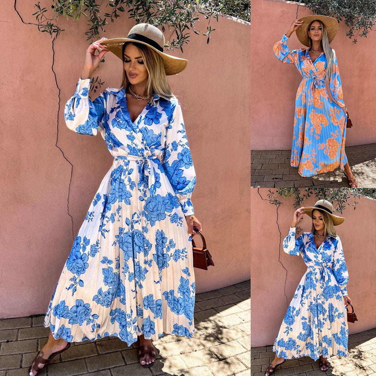 Women's V-Neck Pleated Waist Dress with Floral Print