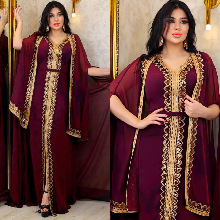 Robe de soirée à cape à sequins pour femmes musulmanes du Moyen-Orient