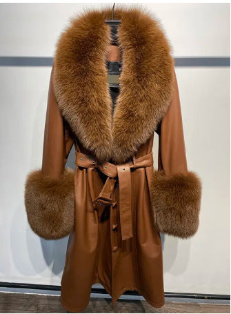 Slim-Fit Genuine Leather Sheepskin Coat with Fox Fur Collar
