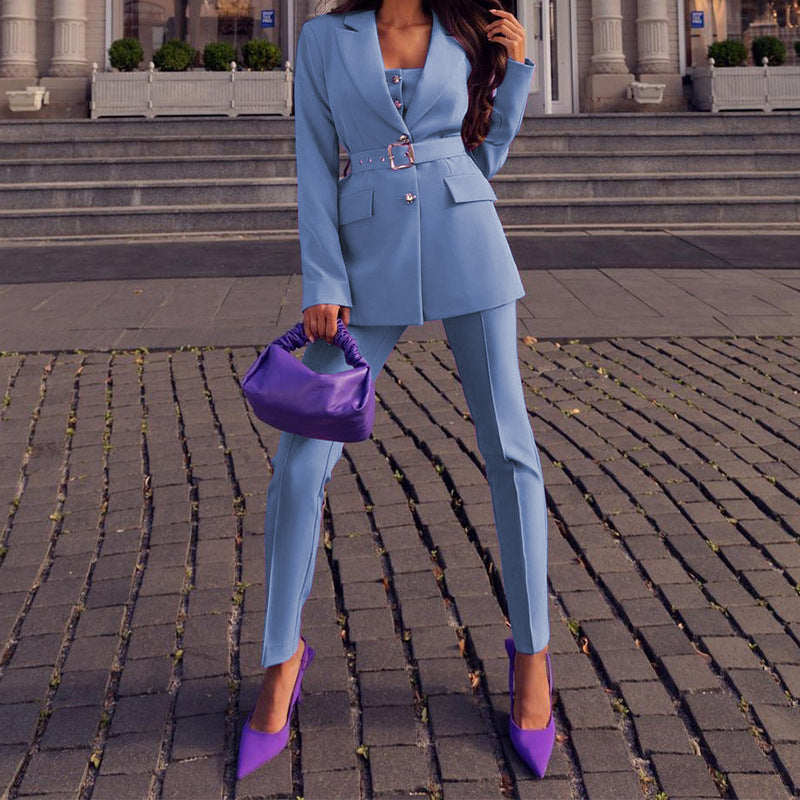 Women's Long Sleeve Belted Two-Piece Suit