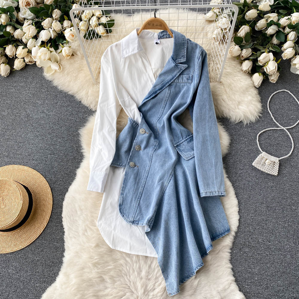 Irregular Stitching Denim Dress with Long Sleeves
