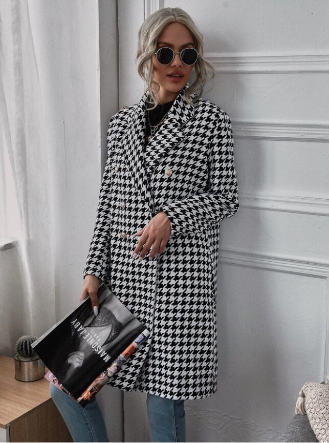 Winter Mid-Length Houndstooth Double-Breasted Casual Coat